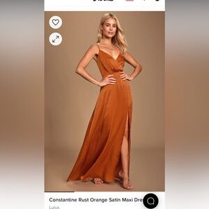 Lulu’s Rust Orange Constantine Satin Maxi Dress